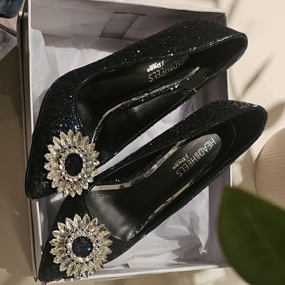 Head Over Heels Black Glitter Heels with Silver Accents